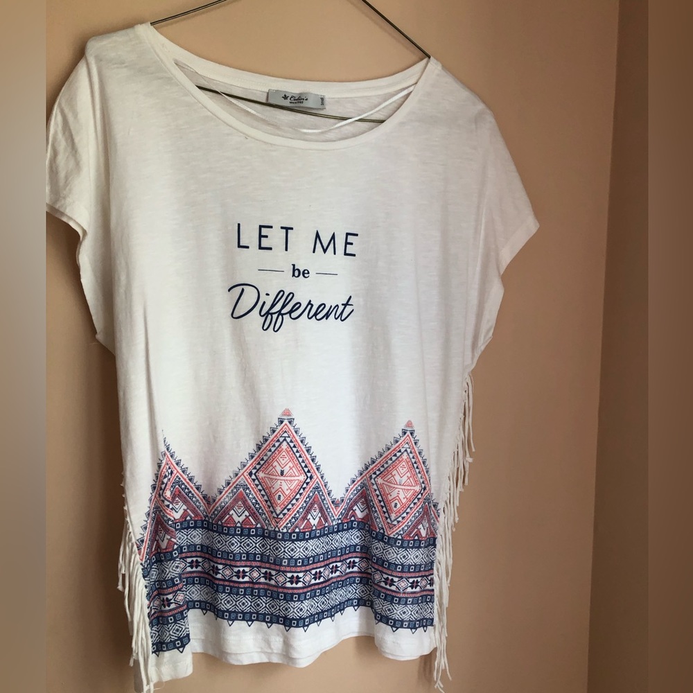 New blouse great for summer with printed bottom with “ let me be different” .